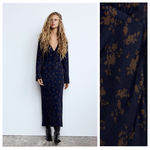Zara Dresses & Skirts - NWT. Zara Blue 100% Viscose Floral Print Midi Dress. Size M.